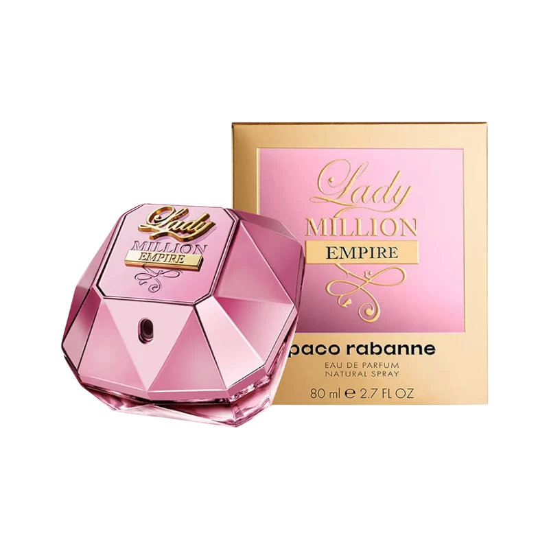Perfume Lady Million Empire de BodegaPerfumera13 en frasco rosa con forma de diamante y caja dorada a juego