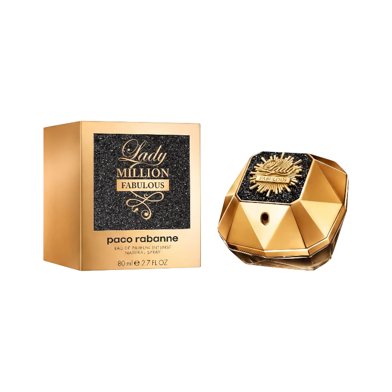 Perfume Lady Million Fabulous de BodegaPerfumera13 en frasco dorado con forma de diamante y caja negra brillante