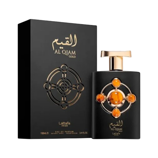 Perfume Lattafa Al Qiam Gold de BodegaPerfumera13 con frasco negro, detalles dorados y caja elegante de lujo