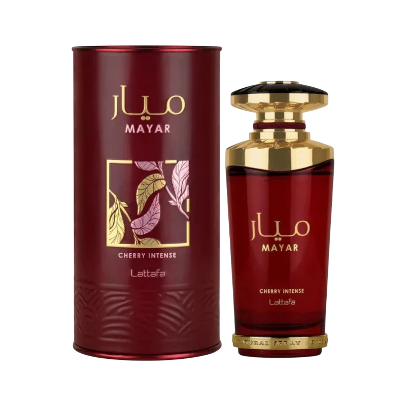 Perfume Lattafa Mayar Cherry Intense de BodegaPerfumera13 en frasco de vidrio rojo con tapa dorada y estuche cilíndrico