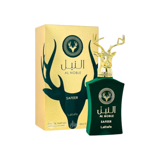 Perfume Lattafa Safeer de BodegaPerfumera13 en frasco verde con tapón dorado de ciervo y caja dorada a juego