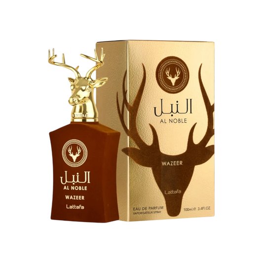 Perfume Lattafa Wazeer de BodegaPerfumera13 con frasco marrón, tapón de ciervo dorado y caja a juego