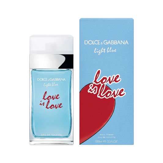 Perfume Dolce & Gabbana Light Blue Love is Love para dama de BodegaPerfumera13 con caja azul y diseño de corazón