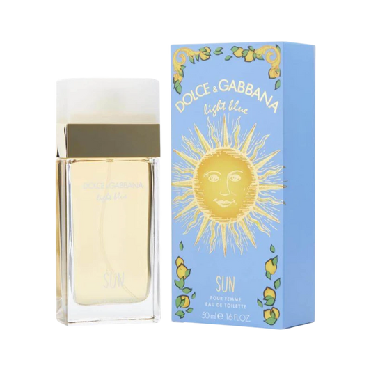 Perfume Dolce & Gabbana Light Blue Sun de BodegaPerfumera13 con caja azul ilustrada con un sol y limones.