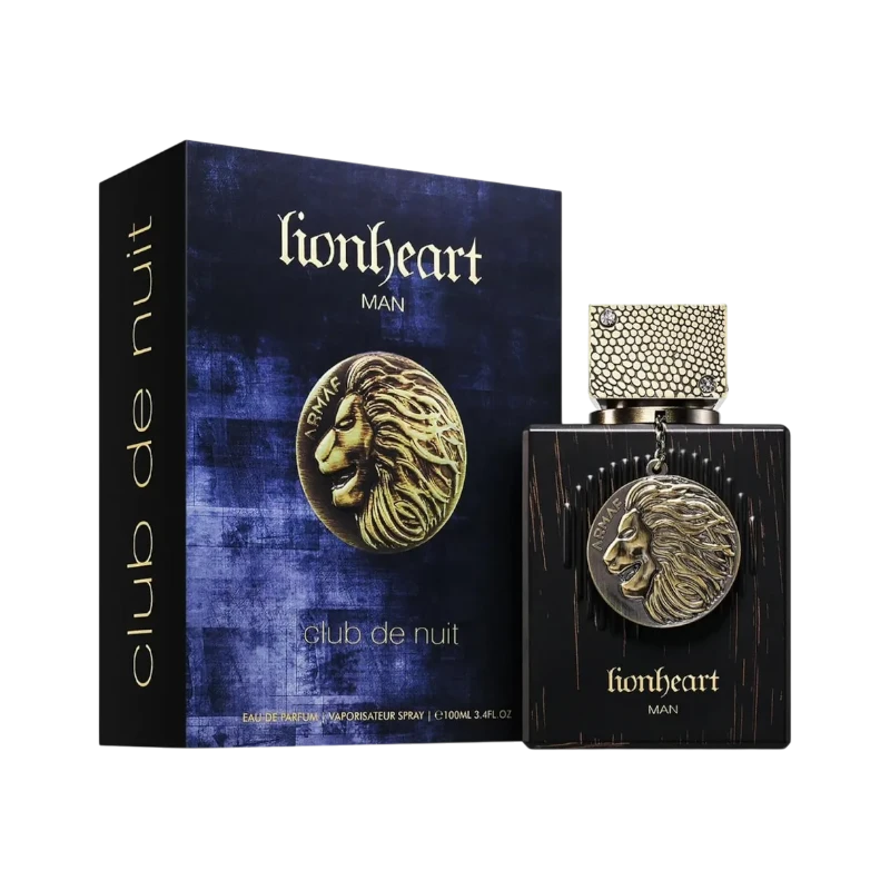 Perfume Lionheart Man de BodegaPerfumera13 con frasco negro, detalle de león dorado y caja azul texturizada.