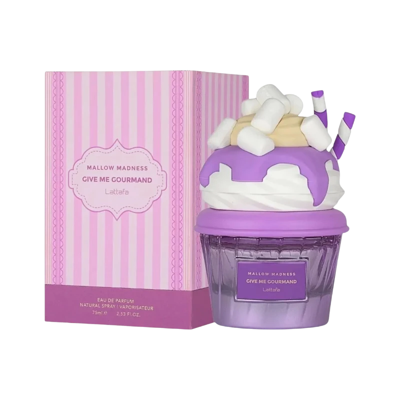Perfume Mallow Madness de BodegaPerfumera13 con frasco en forma de cupcake morado y caja decorada a rayas rosas.