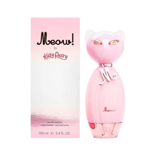 Perfume Meow Katy Perry de BodegaPerfumera13 en frasco rosa con forma de gato y caja a juego