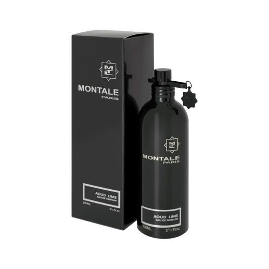 Perfume Montale Aoud Lime de BodegaPerfumera13 en frasco negro de aluminio con caja a juego sobre fondo oscuro