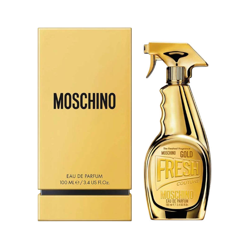 Perfume Moschino Fresh Gold de BodegaPerfumera13 en frasco dorado con forma de atomizador y caja a juego