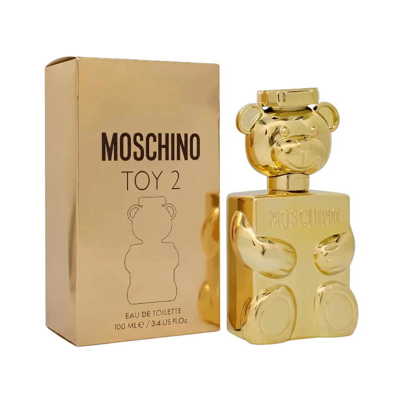 Perfume Moschino Toy 2 Gold de BodegaPerfumera13 con frasco en forma de oso dorado y caja a juego