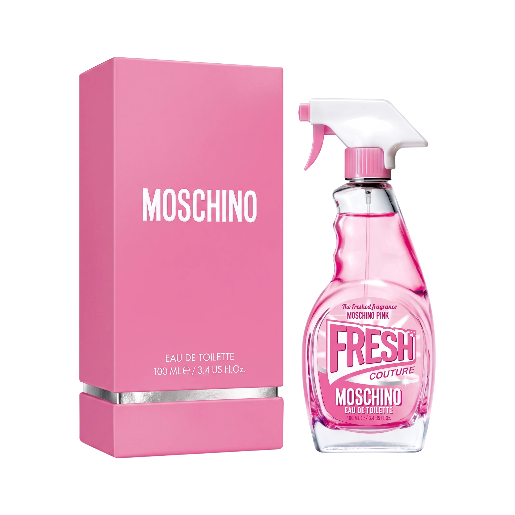Perfume Moschino Pink Fresh de BodegaPerfumera13 en frasco con forma de spray limpiador y su caja rosa a juego