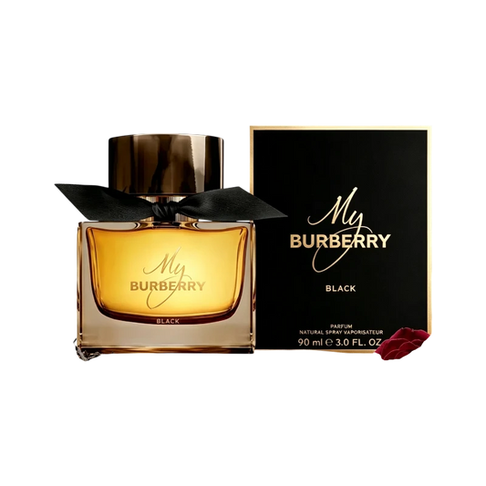 Perfume My Burberry Black de BodegaPerfumera13 en frasco de cristal con lazo negro junto a su caja y una rosa roja