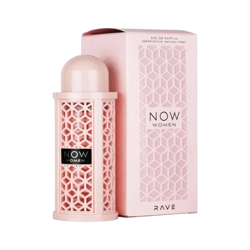 Perfume Now Woman de BodegaPerfumera13 en frasco rosa con diseño geométrico y caja a juego