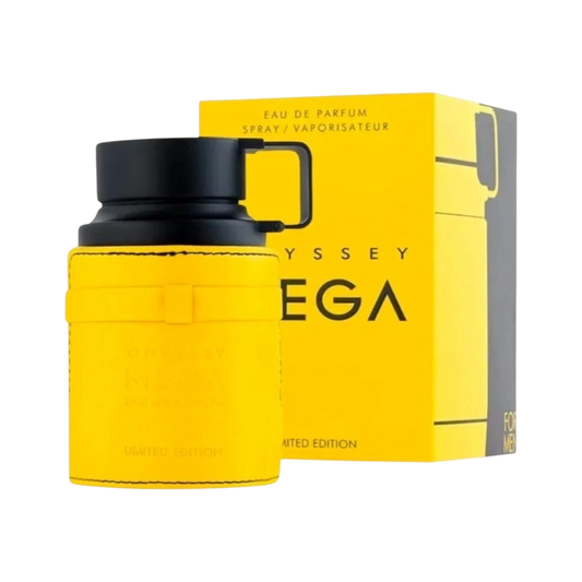 Perfume Odyssey MEGA Original de BodegaPerfumera13 en frasco amarillo con tapa negra y caja de edición limitada