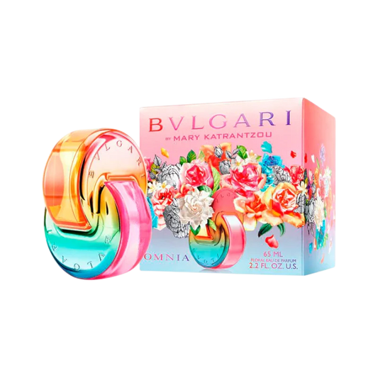 Perfume Bvlgari Omnia Mary Katrantzou con frasco multicolor y caja decorada con flores vibrantes de BodegaPerfumera13