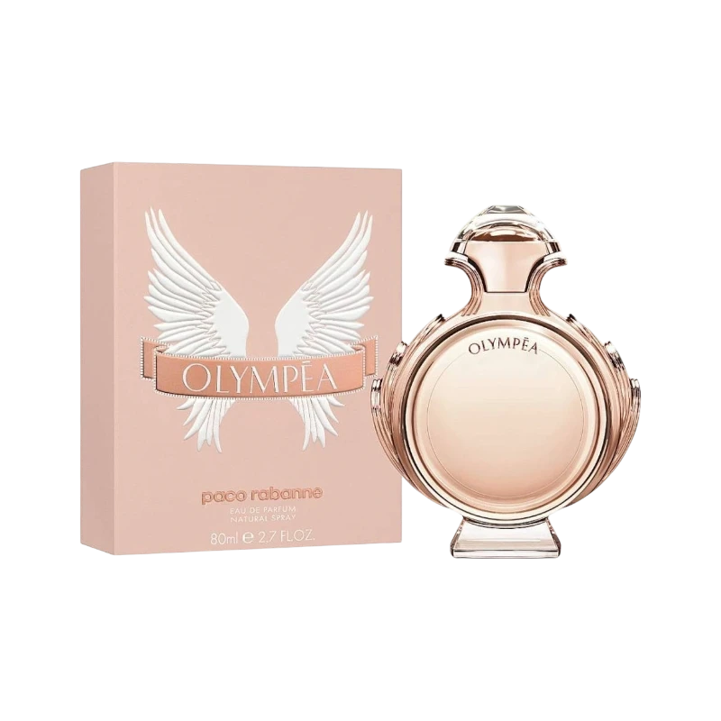 Perfume Paco Rabanne Olympea de BodegaPerfumera13 en frasco de vidrio rosado con caja decorada con alas blancas