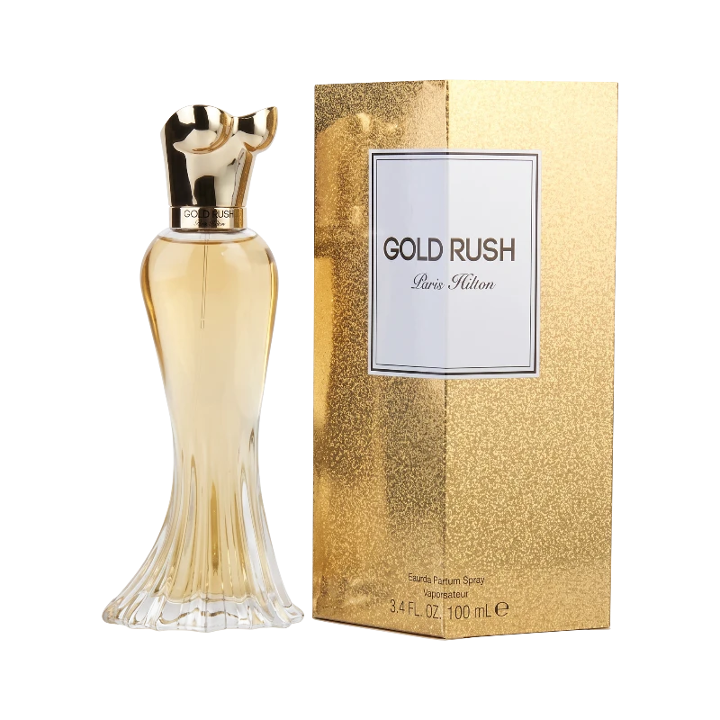 Perfume Paris Hilton Gold Rush de BodegaPerfumera13 en frasco de cristal elegante con caja dorada brillante
