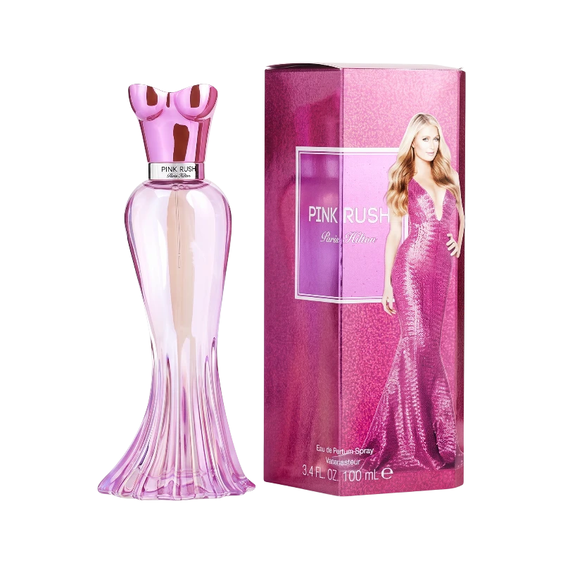 Perfume BodegaPerfumera13 Paris Hilton Pink Rush en frasco de vidrio rosa con caja brillante y elegante