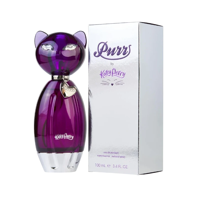 Perfume Purr de Katy Perry de BodegaPerfumera13 en frasco morado con forma de gato y caja plateada brillante
