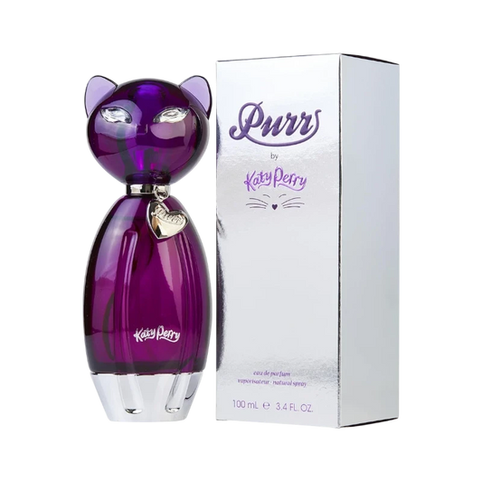 Perfume Purr de Katy Perry de BodegaPerfumera13 en frasco morado con forma de gato y caja plateada brillante