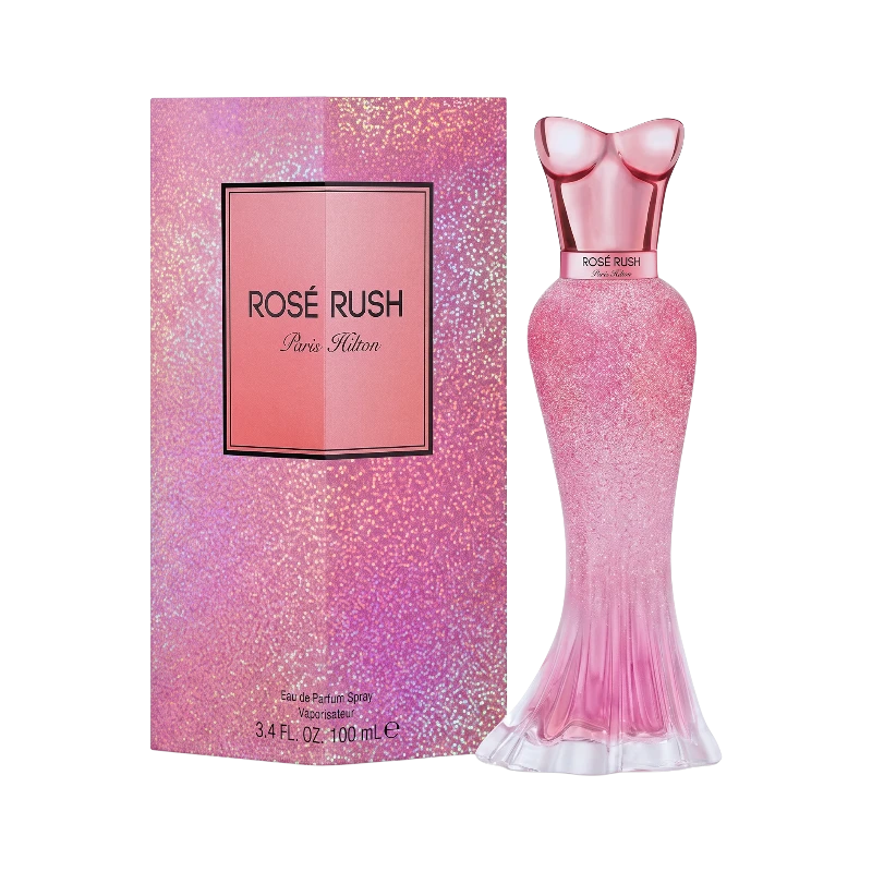 Perfume Paris Hilton Rose Rush de BodegaPerfumera13 en frasco rosa brillante con caja holográfica a juego