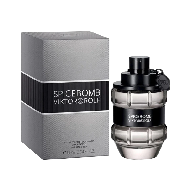 Perfume Spicebomb de Viktor&Rolf en frasco con forma de granada junto a su caja gris, de BodegaPerfumera13