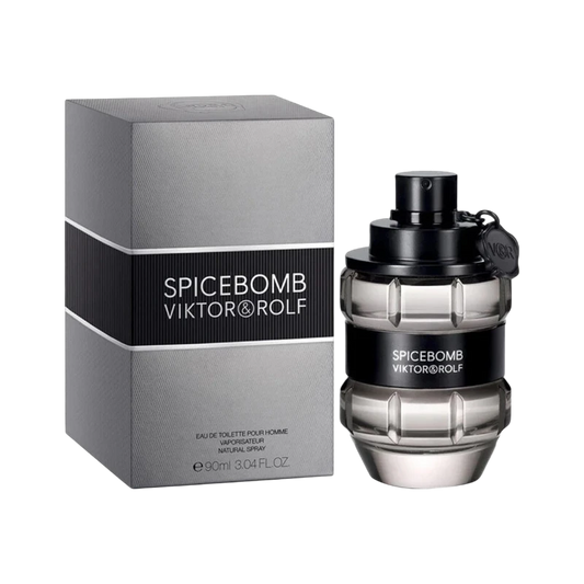 Perfume Spicebomb de Viktor&Rolf en frasco con forma de granada junto a su caja gris, de BodegaPerfumera13