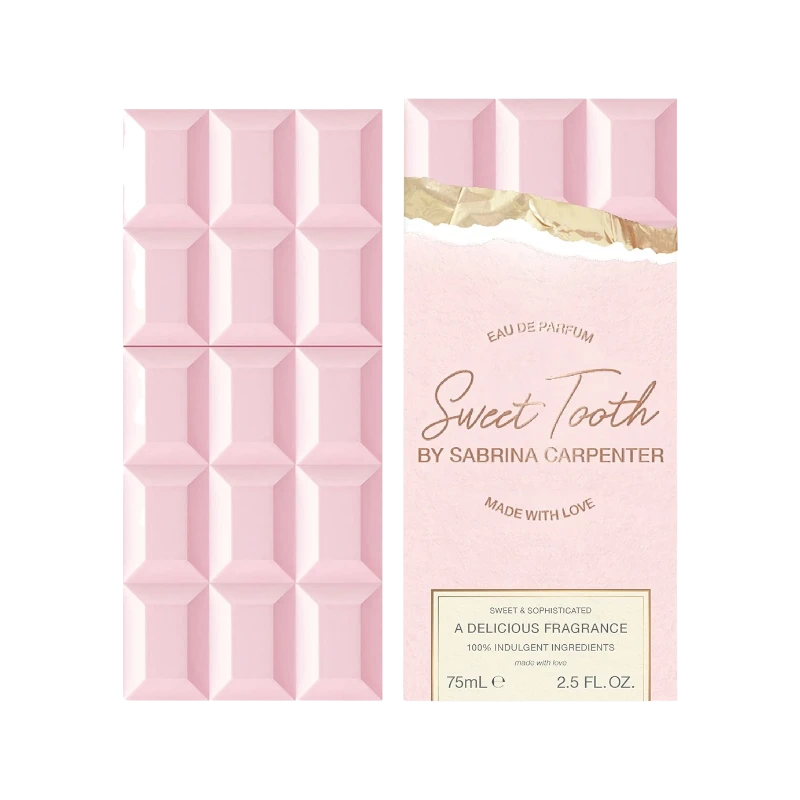 Perfume Sweet Tooth de Sabrina Carpenter de BodegaPerfumera13 en envase rosa con diseño de tableta de chocolate
