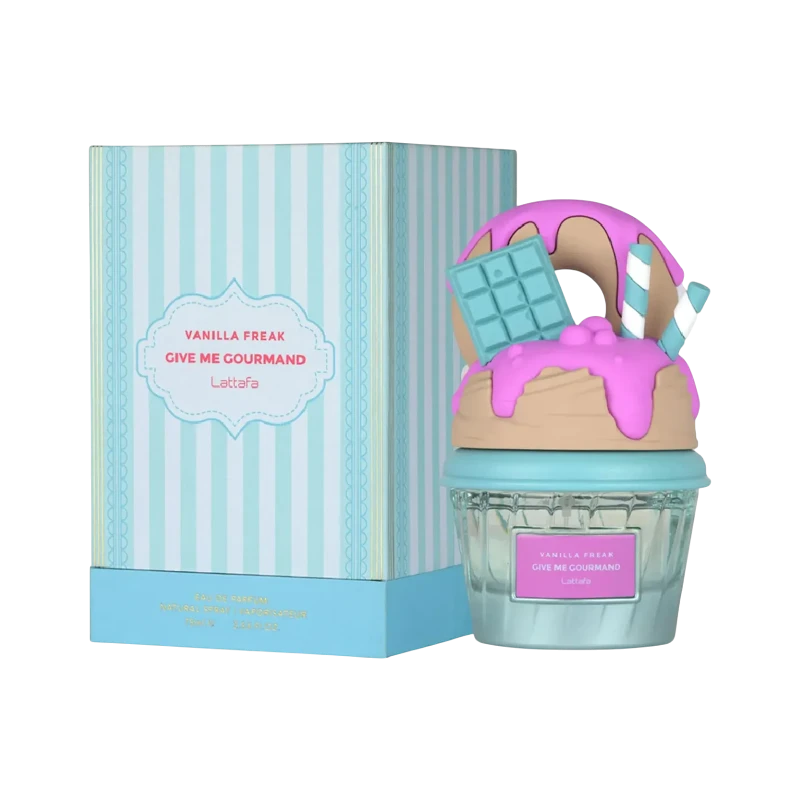 Perfume Vanilla Freak de Lattafa en BodegaPerfumera13 con frasco en forma de cupcake y caja a rayas azul y blanca