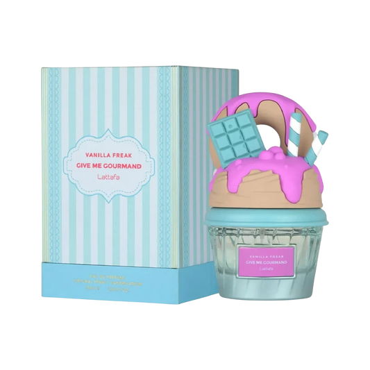 Perfume Vanilla Freak de Lattafa en BodegaPerfumera13 con frasco en forma de cupcake y caja a rayas azul y blanca