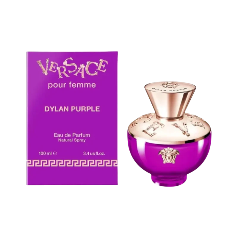 Perfume Versace Dylan Purple de BodegaPerfumera13 con caja morada y frasco de cristal redondo con detalles dorados