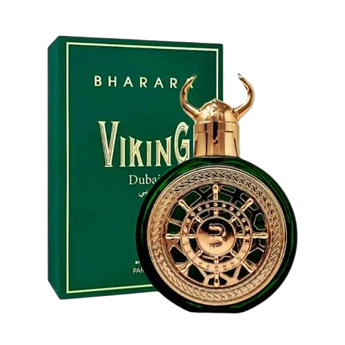 Perfume Bharara Viking Dubai de BodegaPerfumera13 con frasco redondo verde y tapón dorado en forma de casco vikingo