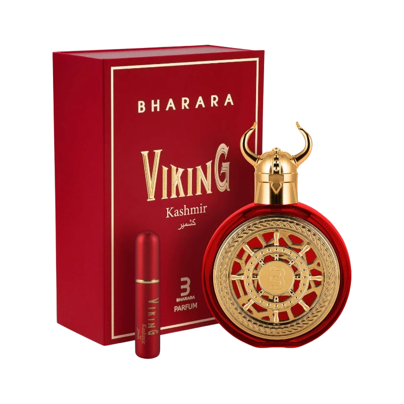 Perfume Bharara Viking Kashmir de BodegaPerfumera13 con frasco rojo, tapón dorado de vikingo y caja de regalo roja.