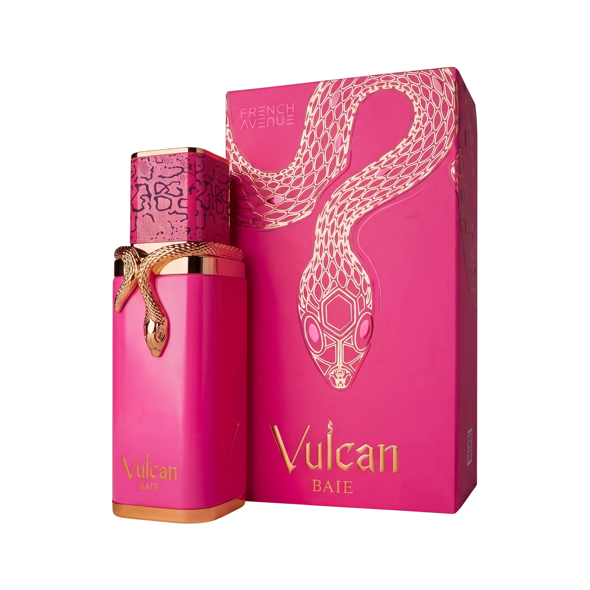 Perfume Vulcan Baie French de BodegaPerfumera13 en frasco rosa brillante con detalle de serpiente dorada y caja a juego