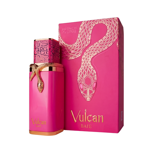 Perfume Vulcan Baie French de BodegaPerfumera13 en frasco rosa brillante con detalle de serpiente dorada y caja a juego