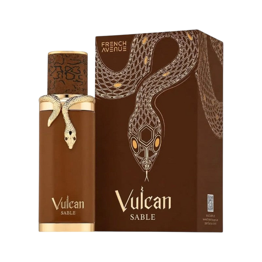 Perfume Vulcan Sable de BodegaPerfumera13 con frasco marrón, detalle de serpiente dorada y caja decorada con serpiente