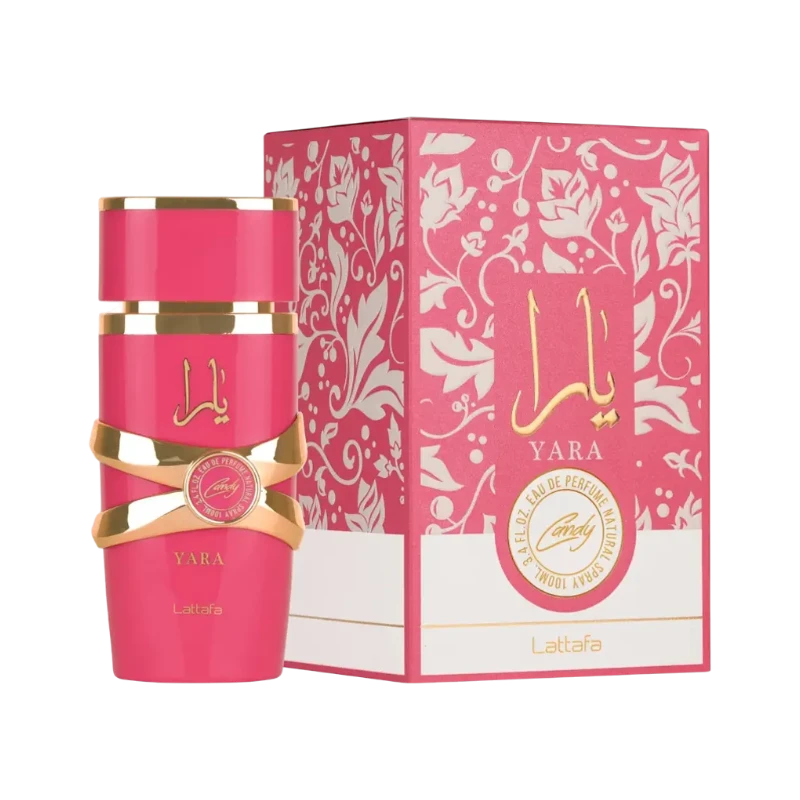 Perfume Yara Candy de BodegaPerfumera13 en frasco rosa vibrante con detalles dorados junto a su caja decorada