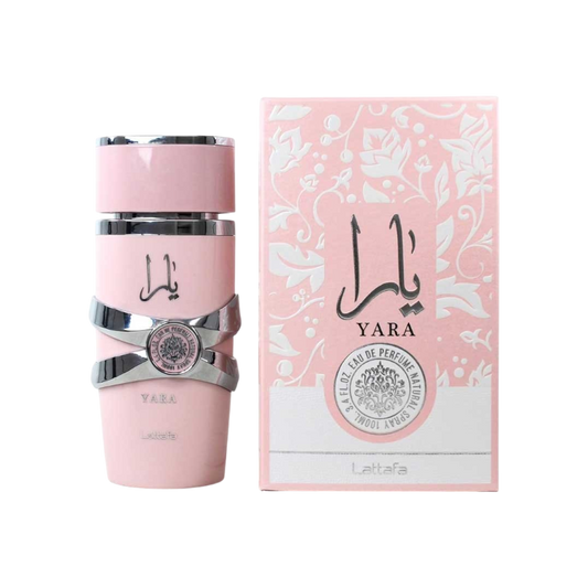 Perfume Yara Lattafa Original de BodegaPerfumera13 en frasco rosa con detalles plateados y caja floral a juego