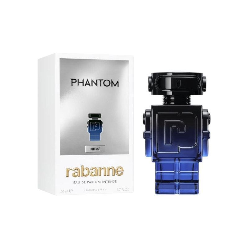 Perfume Phantom Intense de BodegaPerfumera13 en frasco azul con forma de robot y caja blanca con detalles plateados