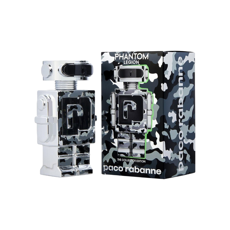 Perfume Phantom Legion de BodegaPerfumera13 con frasco en forma de robot plateado y caja con estampado de camuflaje.