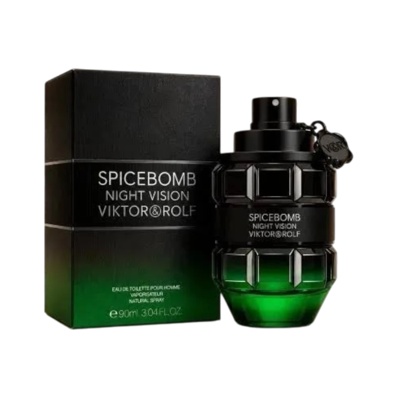 Perfume masculino SPICEBOMB NIGHT VISION de BodegaPerfumera13 en frasco verde oscuro con forma de granada y su caja.