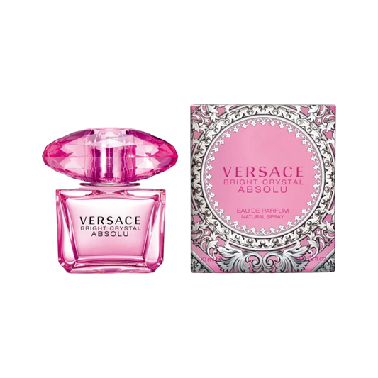 Perfume Versace Bright Crystal Absolu de BodegaPerfumera13 con frasco de cristal rosa y caja decorativa a juego