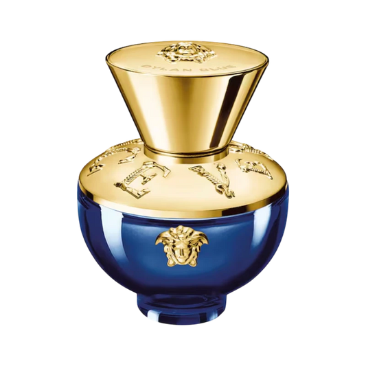 Perfume Versace Dylan Blue para mujer de BodegaPerfumera13 en frasco azul profundo con tapón y detalles dorados