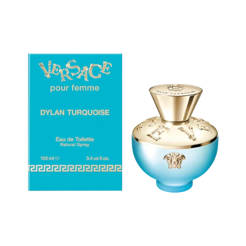 Perfume Versace Dylan Turquoise de BodegaPerfumera13 con frasco azul y caja turquesa con detalles dorados