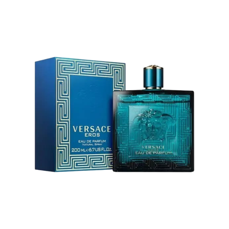 Perfume Versace Eros Parfum de BodegaPerfumera13 en frasco de vidrio azul con el icónico diseño de Medusa en relieve.