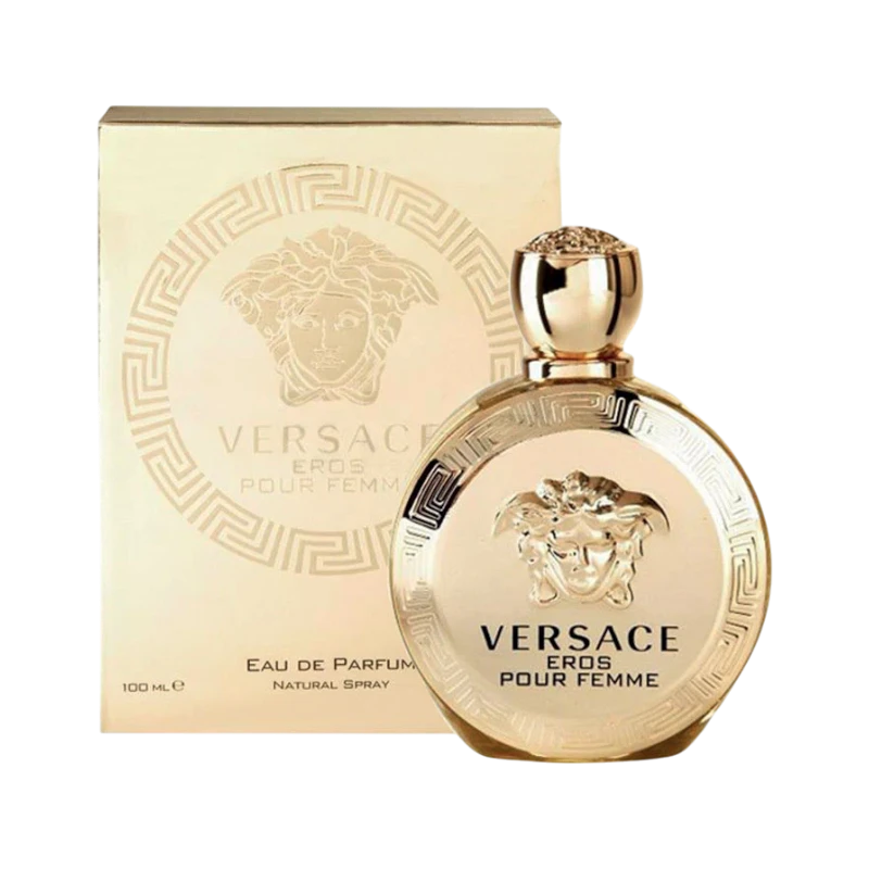 Perfume Versace Eros Pour Femme de BodegaPerfumera13 en frasco dorado circular con el icónico logo de Medusa