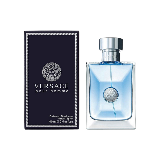 Desodorante en spray Versace Pour Homme de BodegaPerfumera13 con frasco de cristal azul y caja negra elegante