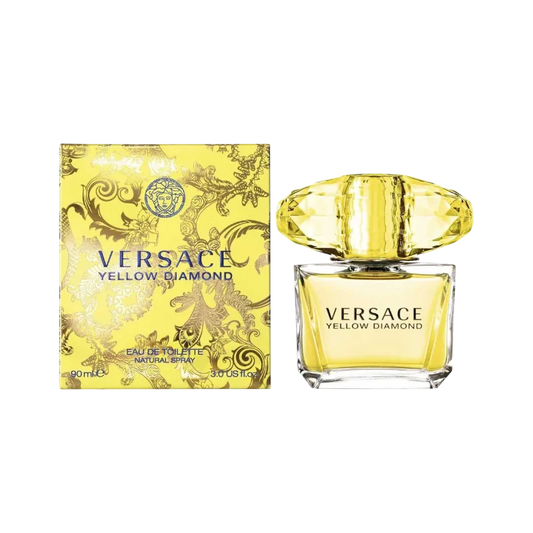 Perfume Versace Yellow Diamond de BodegaPerfumera13 con frasco de cristal amarillo y caja decorada con motivos dorados