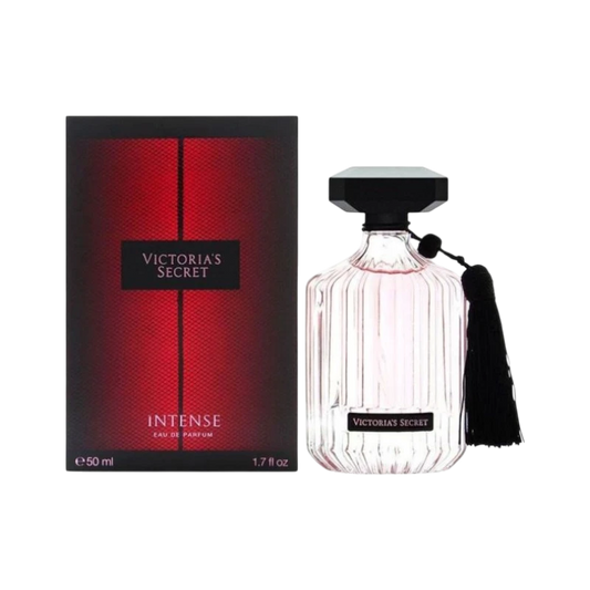 Perfume Victoria's Secret Intense de 50 ml con caja negra y roja y frasco de cristal estriado con borla negra
