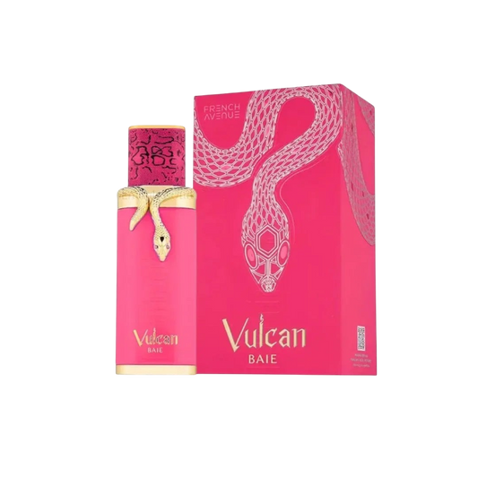 Perfume unisex Vulcan Baie Original de BodegaPerfumera13 en frasco rosa brillante con tapón de serpiente dorada y caja